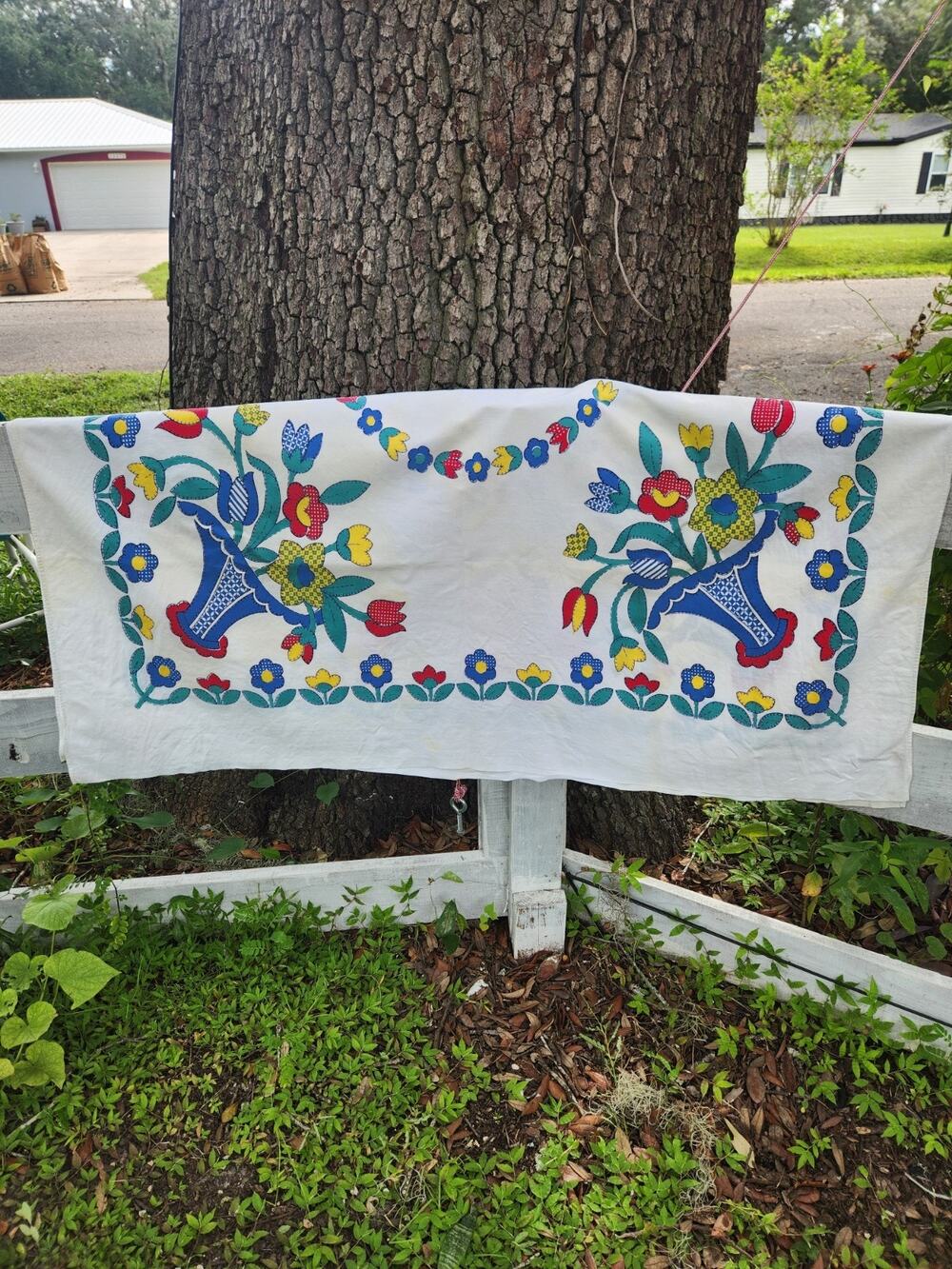 Vintage Folk Art Floral Cotton Tablecloth 47x54 Blue Red Yellow Cottage